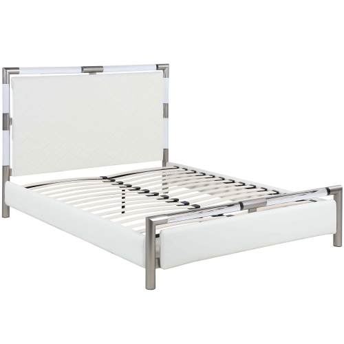 Barcelona King Bed in Acrylic, Nickel & Diamond Stitched White Leatherette