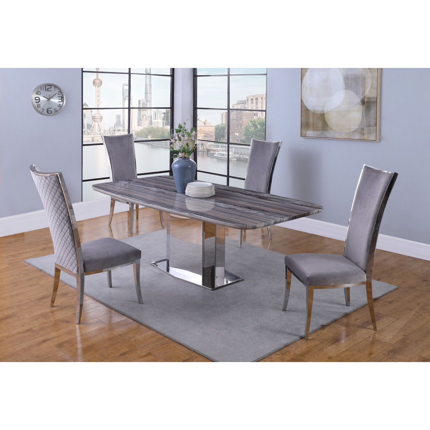 Chintaly Isabel Dt B T Isabel 87 Dining Table In Gray Blue Marble Stainless