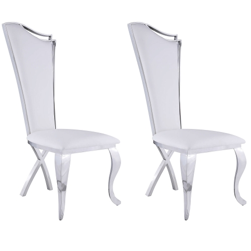 Nadia Tall Back Dining Chair in White Fabric on Stainless Legs (Set of 2)
