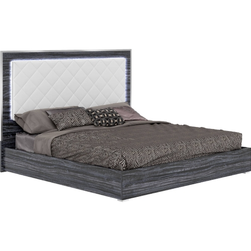Naples King Bed in Gloss Gray Pattern & White Leatherette