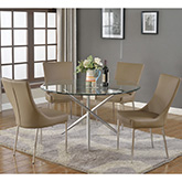 Patricia 5 Piece Dining Set in Polished Stainless & Tempered Glass w/ Brown Leatherette