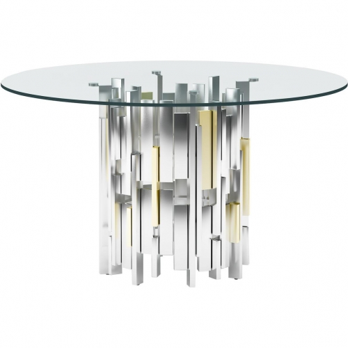 Verona 53" Round Dining Table in Polished Steel, Gold & Glass