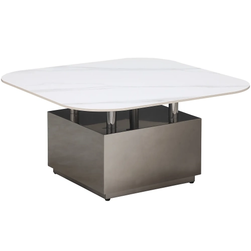 2191 35" Coffee Cocktail Table in White Marbleized Sintered Stone & Graphite Steel