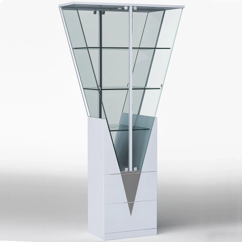 Triangular Design Curio w/ LED Lights - Tempered Glass, Mirror Back, Grey Finish