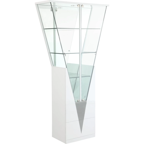 Triangular Design Curio w/ LED Lights - Tempered Glass, Mirror Back, Gloss White Finish