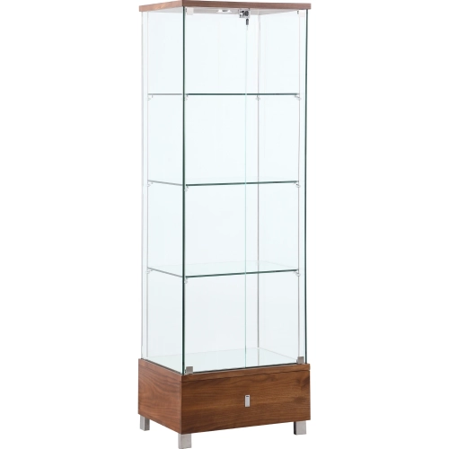 6628 Glass Curio w/ Shelves, Drawer & LED Lights in Tempered Glass & Walnut Veneer