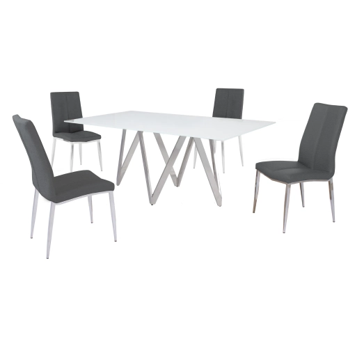 Abigail 5 Piece Dining Set in White Glass, Chrome & Ash Gray Leatherette