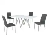 Abigail 5 Piece Dining Set in White Glass, Chrome & Ash Gray Leatherette