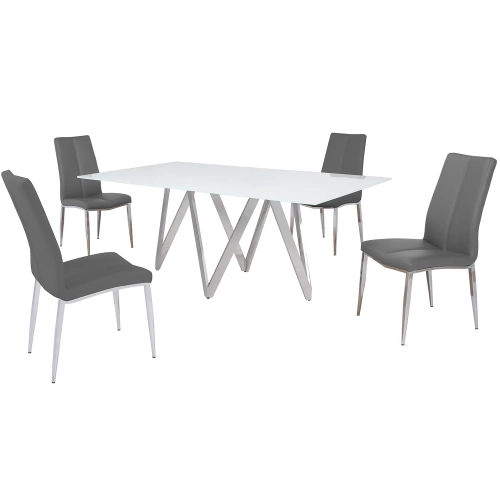 Abigail 5 Piece Dining Set in White Glass, Chrome & Gray Leatherette