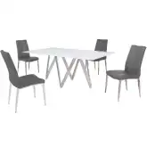 Abigail 5 Piece Dining Set in White Glass, Chrome & Gray Leatherette