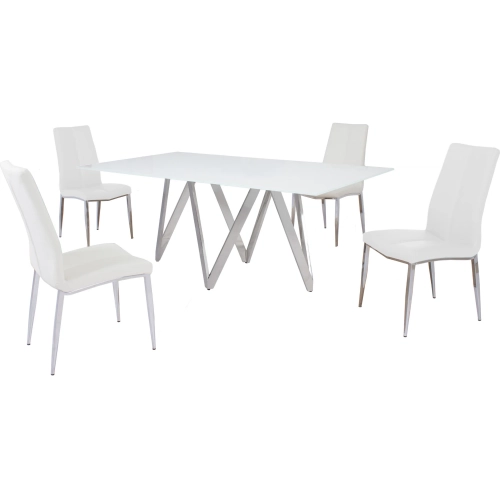 Abigail 5 Piece Dining Set in White Glass, Chrome & White Leatherette