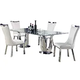 Adelle 5 Piece Dining Set in Stainless, Glass & White Leatherette