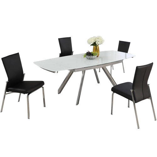 Alina 5 Piece Dining Set w/ Extendable Table in White, Chrome & Black Leatherette