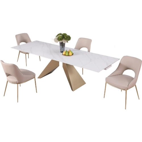 Amelia 5 Piece Extendable Dining Set in White, Champagne Metal & Beige Leatherette