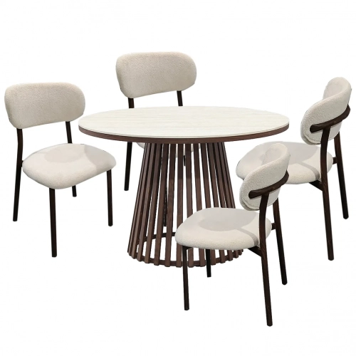 Aurora 5 Piece Round Dining Set in Beige Ceramic, Walnut Steel & Beige Fabric