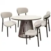 Aurora 5 Piece Round Dining Set in Beige Ceramic, Walnut Steel & Beige Fabric