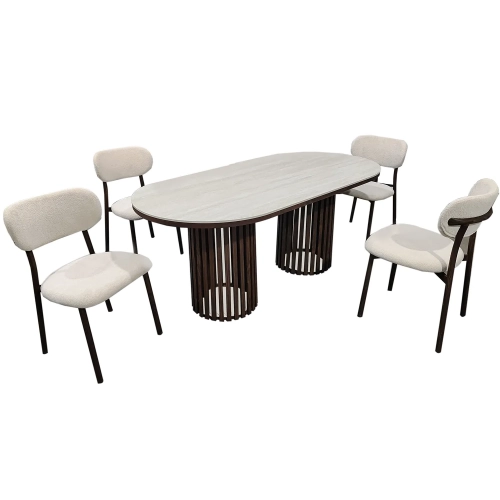 Aurora 5 Piece Oval Dining Set in Beige Ceramic, Walnut Steel & Beige Fabric