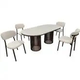 Aurora 5 Piece Oval Dining Set in Beige Ceramic, Walnut Steel & Beige Fabric