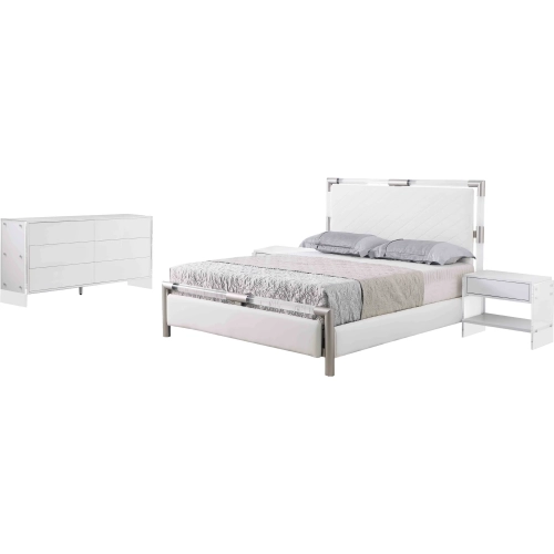 Barcelona 3 Piece King Bedroom Set in Acrylic, Nickel & White Leatherette