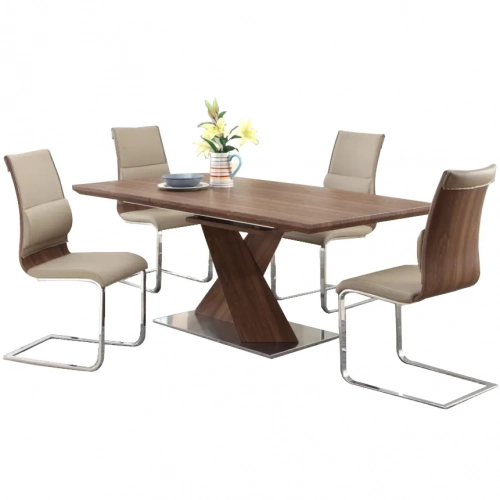 Bethany 5 Piece Dining Set in Stainless Steel, Walnut Finish & Taupe Leatherette