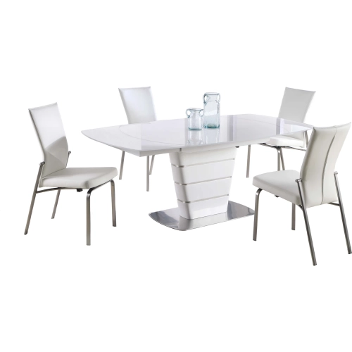 Charlotte 5 Piece Dining Set in White Glass, Brushed Steel & White Leather