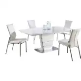 Charlotte 5 Piece Dining Set in White Glass, Brushed Steel & White Leather