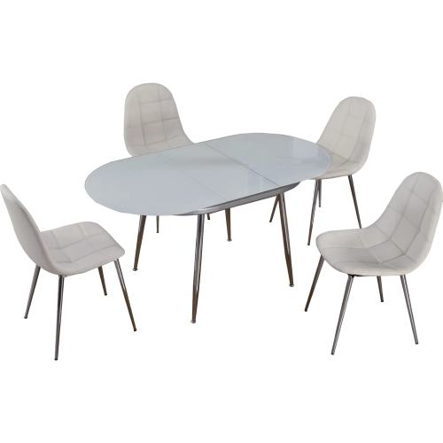 Donna 5 Piece Dining Set in White Glass, Chrome & White Leatherette