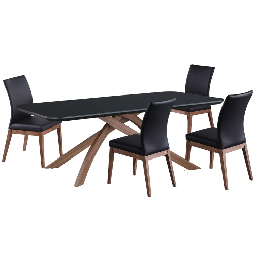 Emily 5 Piece Dining Set in Black Glass, Wood & Black Leatherette