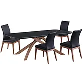 Emily 5 Piece Dining Set in Black Glass, Wood & Black Leatherette