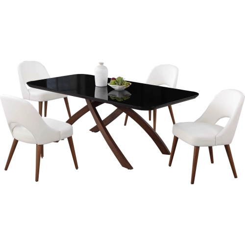 Emily 5 Piece Dining Set in Black Glass, Wood & White Leatherette