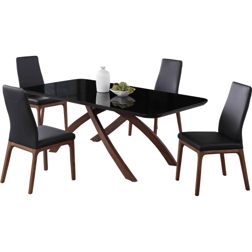 Emily 5 Piece Dining Set in Black Glass, Wood & Black Leatherette