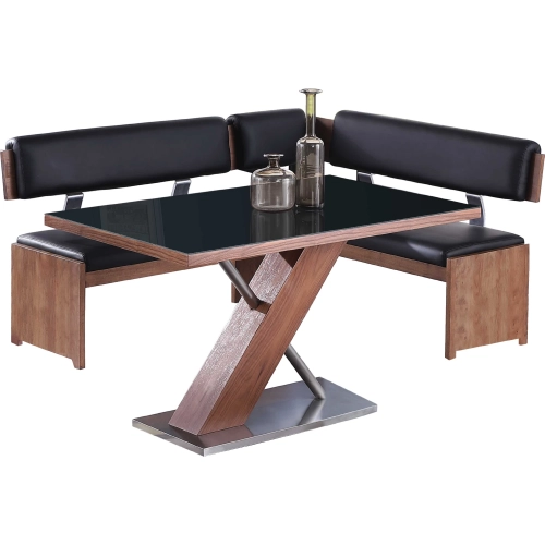 Emma 2 Piece Dining Set w/ Wooden & Black Glass Table & Nook