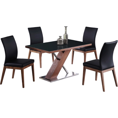 Emma 5 Piece Dining Set w/ Wooden & Black Glass Table & 4 Chairs