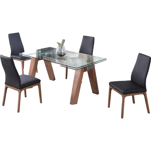 Esther 5 Piece Dining Set in Glass, Walnut Veneer & Black Leatherette