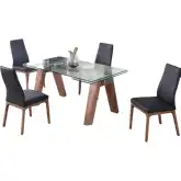 Esther 5 Piece Dining Set in Glass, Walnut Veneer & Black Leatherette