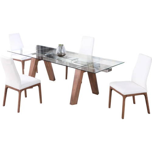 Esther 5 Piece Dining Set in Glass, Walnut Veneer & White Leatherette