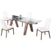 Esther 5 Piece Dining Set in Glass, Walnut Veneer & White Leatherette