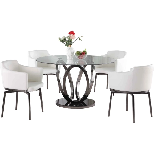 Evelyn 5 Piece Dining Set in Glass, Graphite Steel & White Leatherette