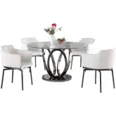 Evelyn 5 Piece Dining Set in Glass, Graphite Steel & White Leatherette