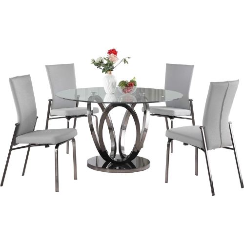 Evelyn 5 Piece Dining Set in Glass, Graphite Steel & Gray Leatherette