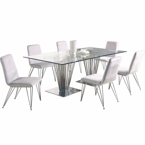 Fernanda 7 Piece Dining Set in Polished Stainless, Glass & Gray Fabric