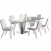 Fernanda 7 Piece Dining Set in Polished Stainless, Glass & Gray Fabric