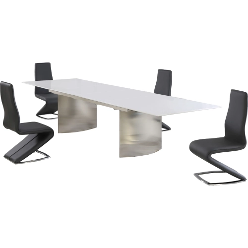 Glenda 5 Piece Extendable Dining Set in White, Stainless & Black Leatherette