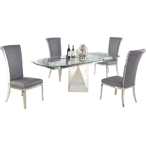 Gloria 5 Piece Motion Extendable Dining Set in Glass, Stainless Steel & Gray Leatherette