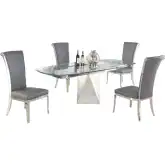 Gloria 5 Piece Motion Extendable Dining Set in Glass, Stainless Steel & Gray Leatherette