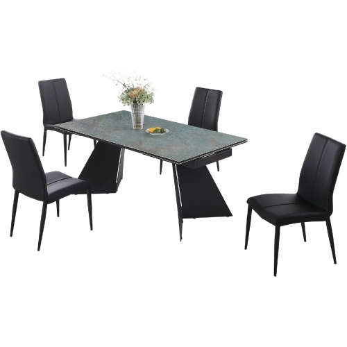 Helen 5 Piece Extendable Dining Set in Green Ceramic, Black Steel & Black Leatherette