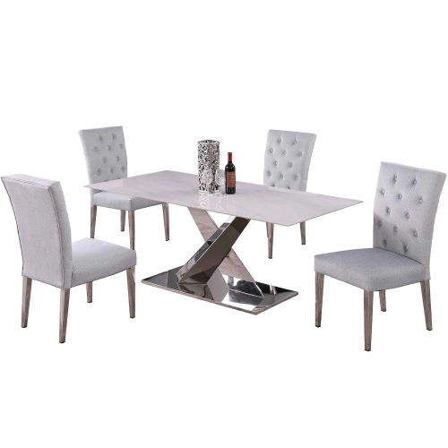 Jennifer 5 Piece Dining Set in White Sintered Stone, Steel & Gray Fabric