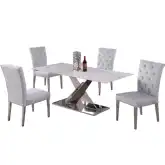 Jennifer 5 Piece Dining Set in White Sintered Stone, Steel & Gray Fabric
