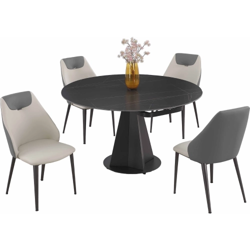 Jocelyn 5 Piece Motion Extendable Dining Set in Black Stone, Steel & Gray Leatherette