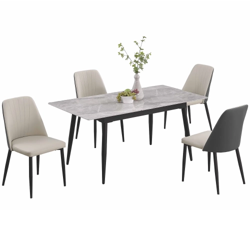Judith 5 Piece Extendable Dining Set in Gray Stone, Black Steel & Gray Leatherette